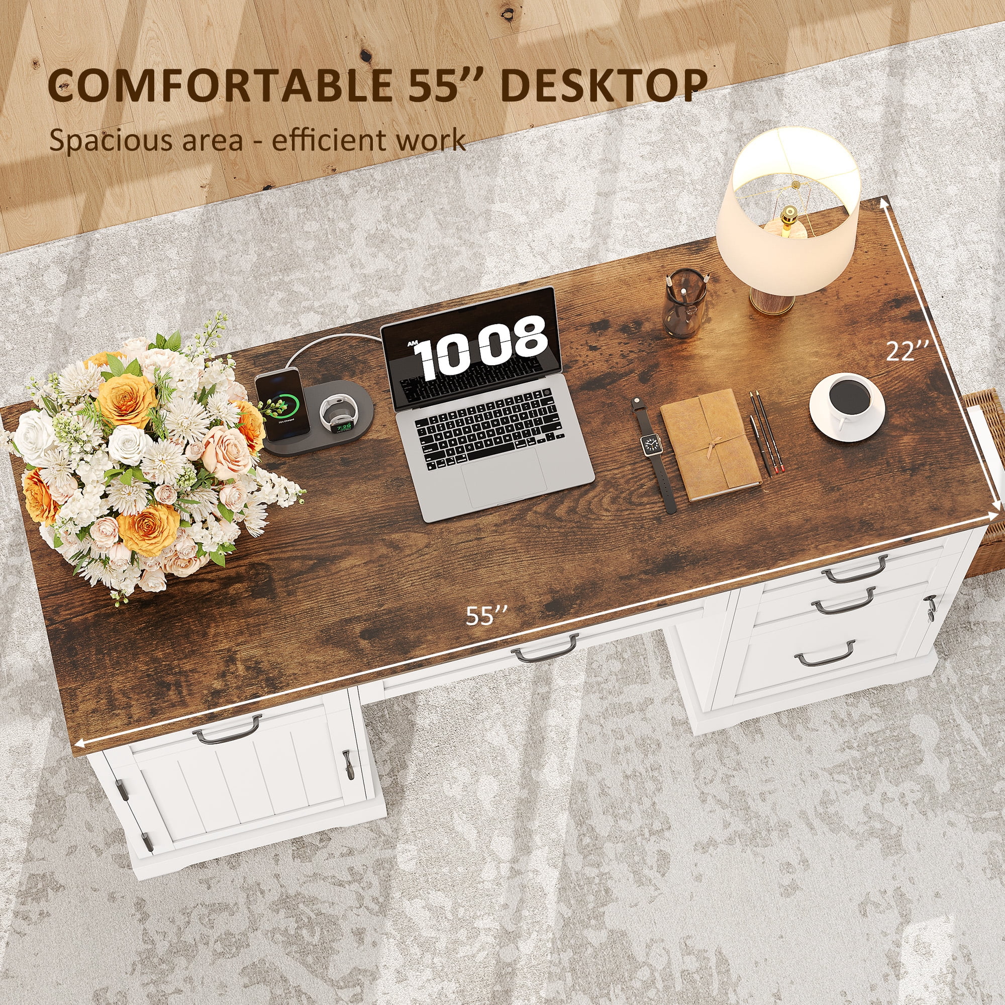 Executive Desk with File Drawers, 55'' Farmhouse Desk Modern for Adult Home Office, White