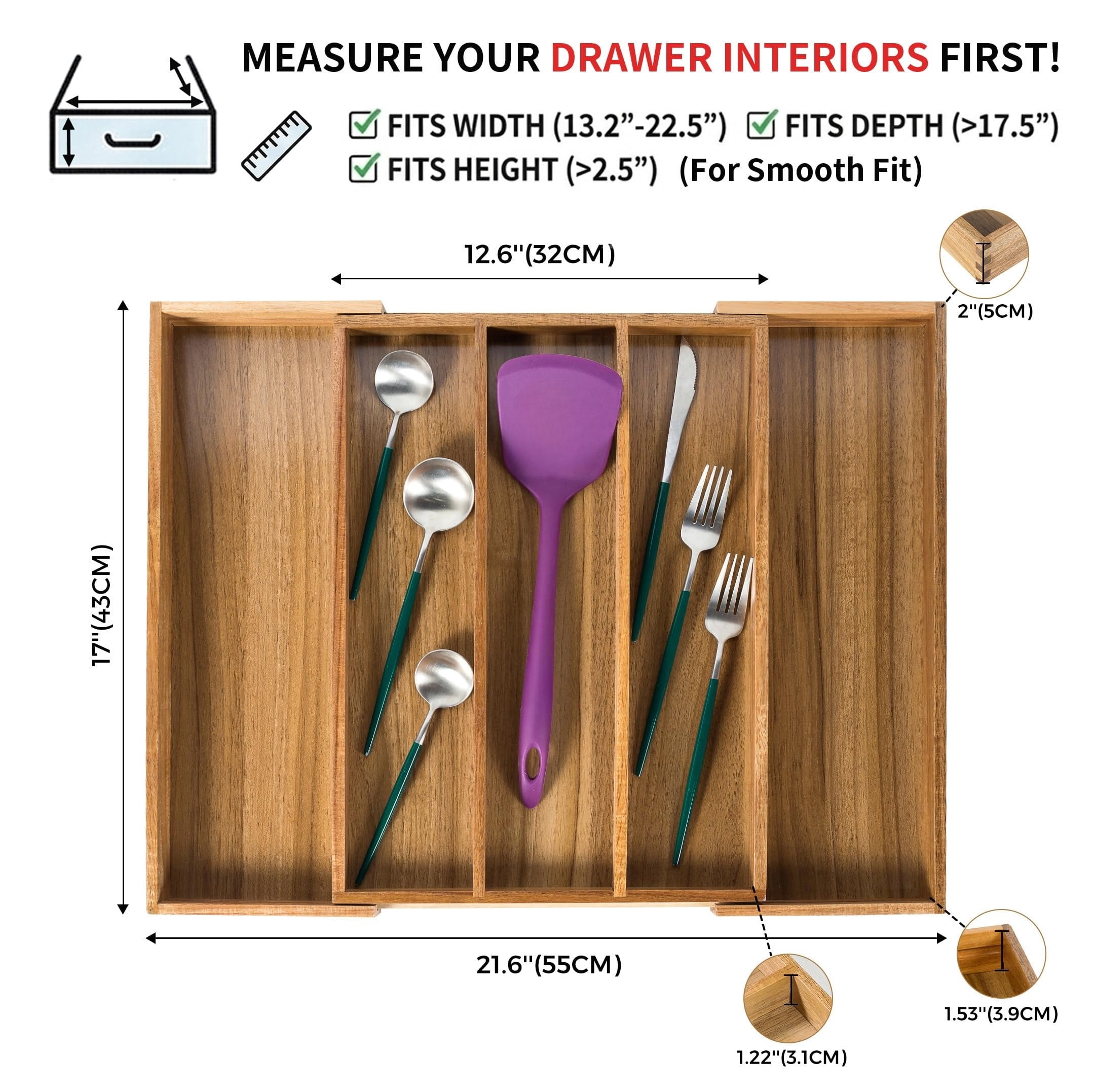 Bamboo Expandable Kitchen Drawer Organizer, Adjustable Utensil Holder and Cutlery Tray Organiser, Drawer Divider for Silverware, Flatware, Knives in Kitchen, Bedroom, Living Room, 5 Slot