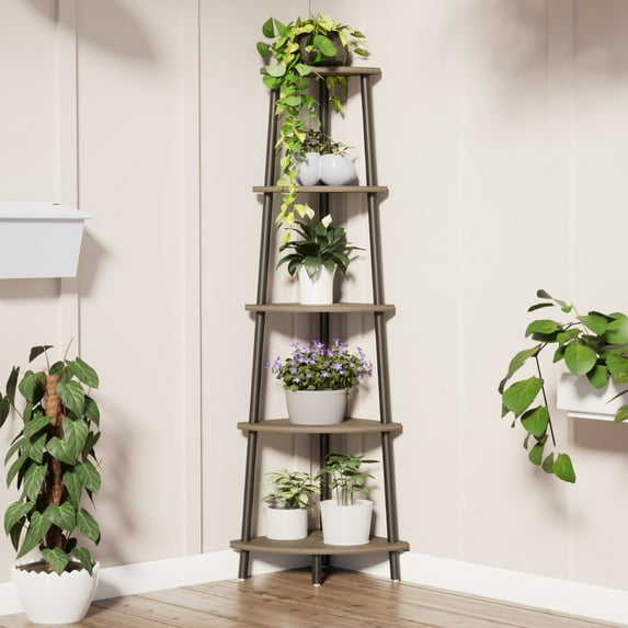 Baztin 5 Tier Industrial Corner Shelf, Open Ladder Vintage Corner Bookshelf Stand, Rustic Wood and Metal Corner Bookcase, Tall Leaning Book Case for Office Home Living Room Bedroom Bathroom - Oak Gray