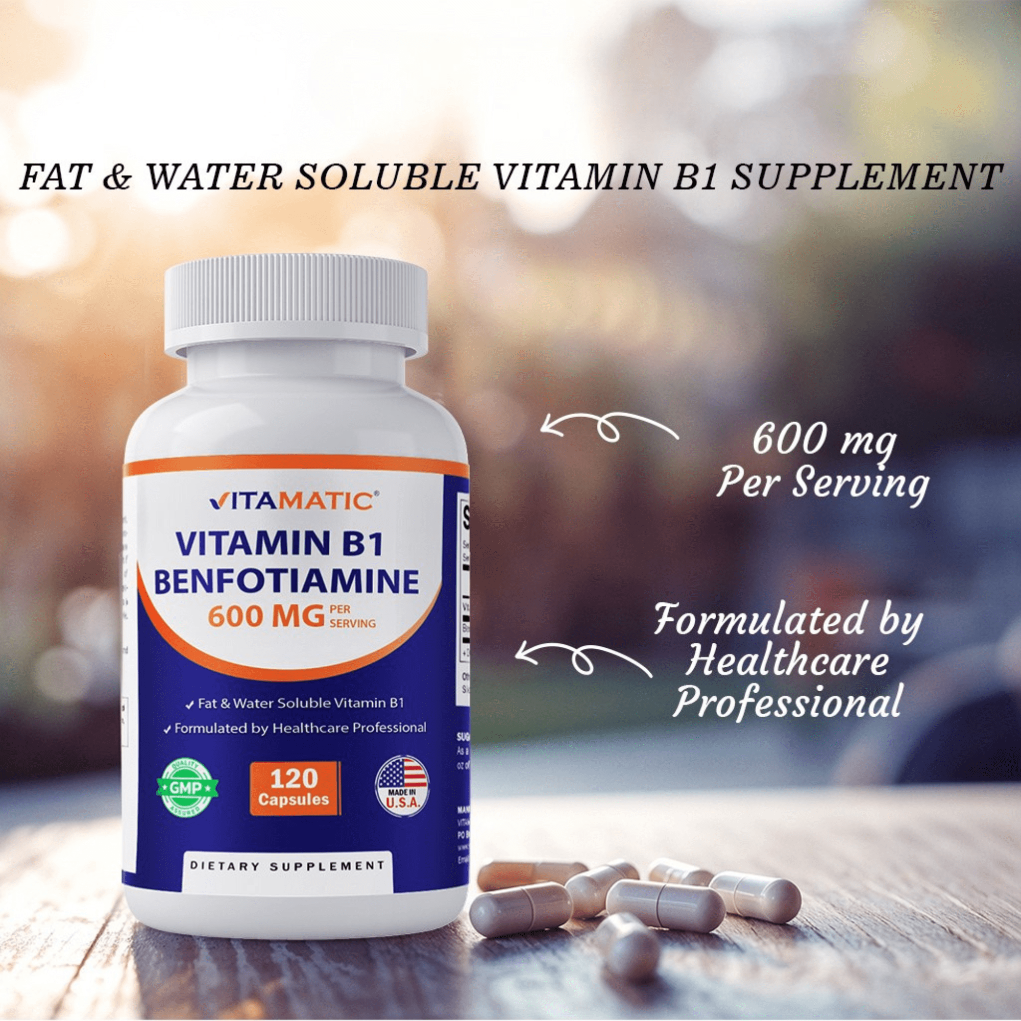 (2 pack) Vitamatic Benfotiamine 300mg + Vitamin B1 300 mg - 120 Vegetable Capsules - Made in The USA - Gluten Free - Non-GMO