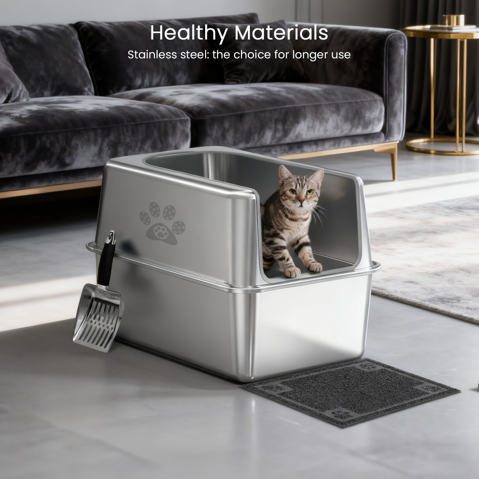 Ptlom Stainless Steel Litter Box with Lid Metal Litter Box Extra Large Cat Litter Pan 23.4" X 15.5" X 15.7"