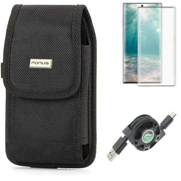 Case Belt Clip & USB Cable & Screen Protector for Samsung Galaxy Note 20 (6.7") - Combo with Rugged Holster & Retractable Type-C & Tempered Glass (Fingerprint Unlock)