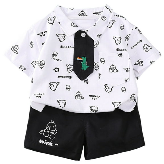 XUELUO Toddler Boys Casual Outfit Sets Summer Dinosaur Print Lapel Button Down Bow Tie Short Sleeve Shirts Tops And Shorts Two Piece Casual Daily-Wear,White,4-5 Years