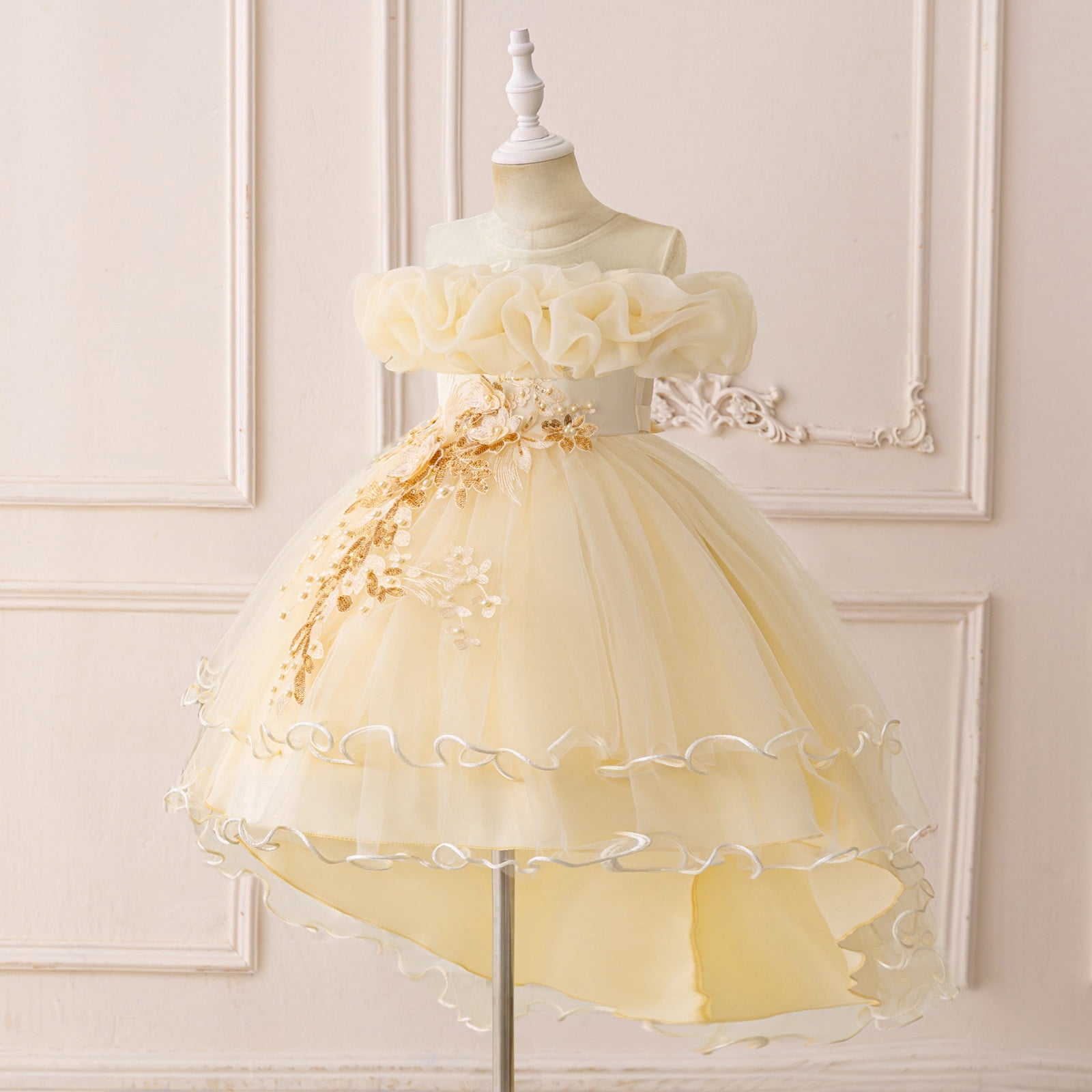 Dress for Girls Satin Girl Dress with Puffed Sleeves for Birthday Party Christening