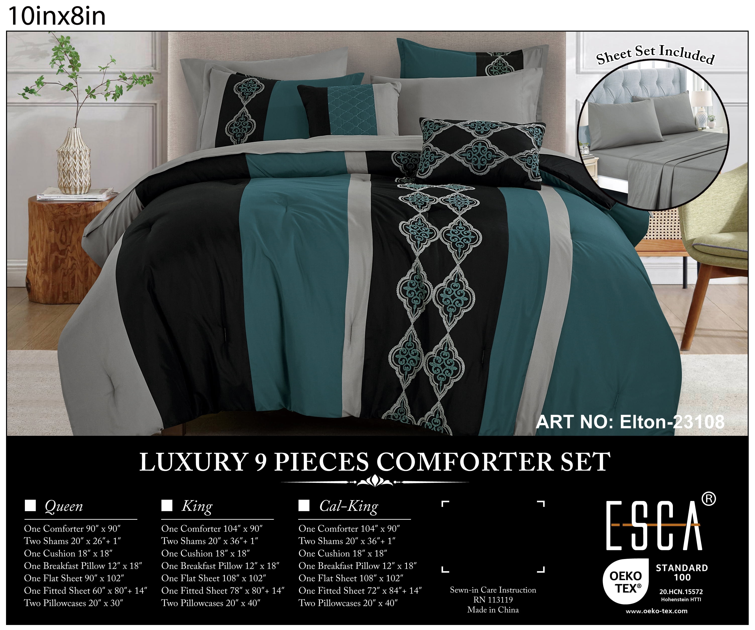 ESCA Elton 9‑Piece Bed‑in‑a‑Bag Comforter Set, Black Teal Gray Patchwork with Cord Embroidery Damask Bedding,KING