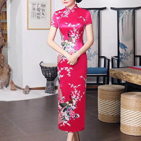 Women Satin Daily Dress Summer New Long Qipao Print Flower Chinese Cheongsam Red S YIWEI