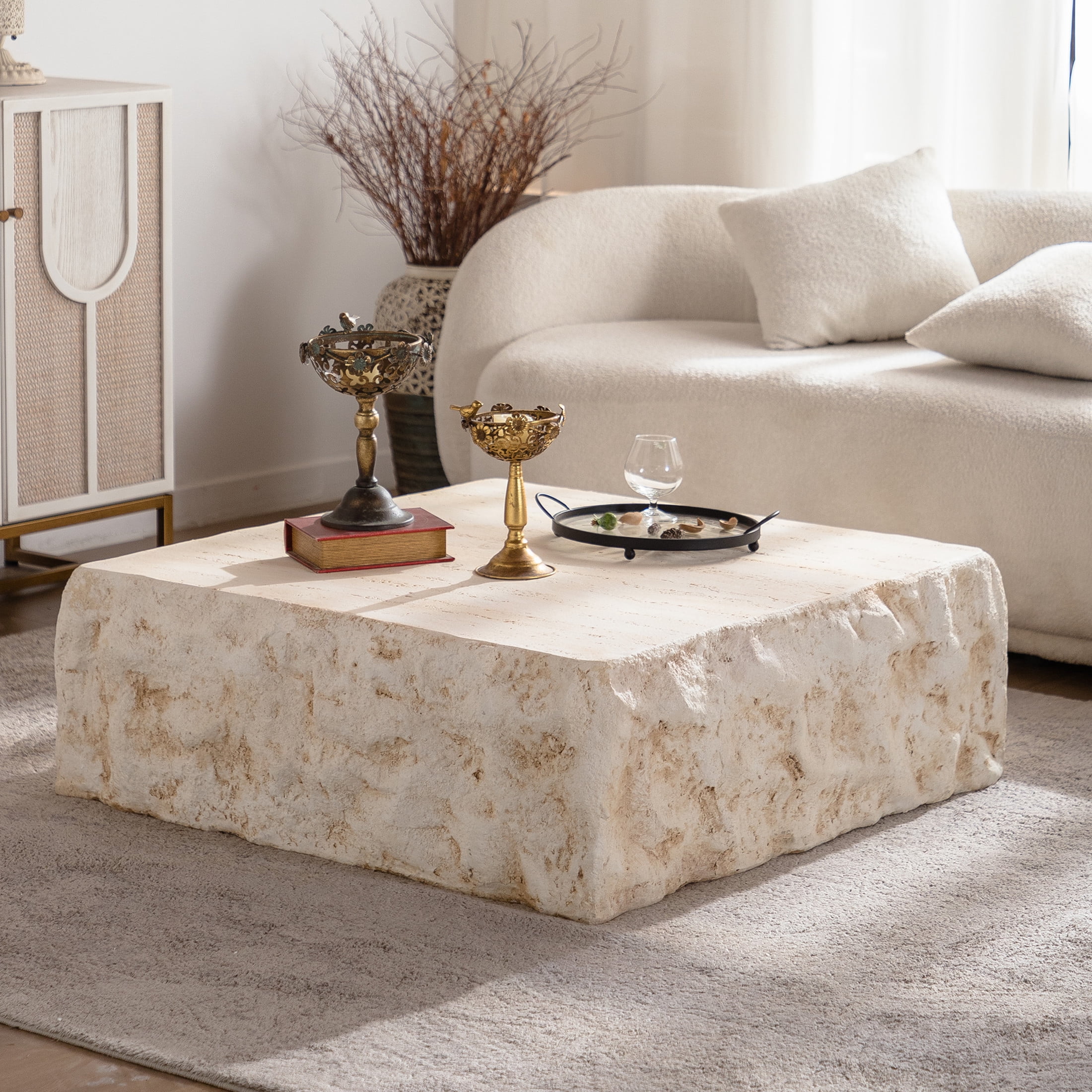 Noble House Zerra Mid-Century Square MgO Coffee Table, Vintage Faux Stone Centre Table, Living Room, Amber