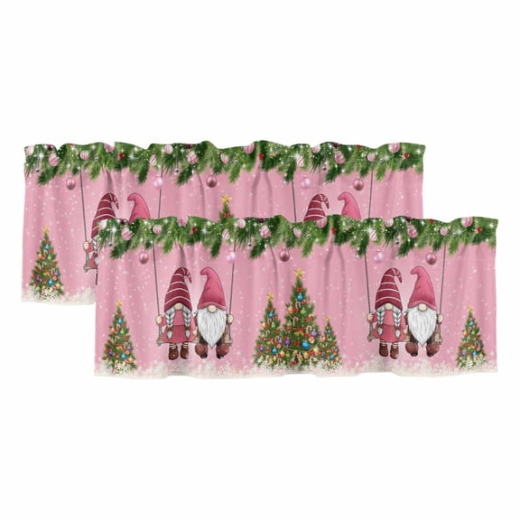 Pink Gnomes Christmas Curtain Valances for Windows, Kitchen Valance Window Treatments Panel 2 Pack, Xmas Tree Balls Snowflake Rod Pocket Short Curtains for Bathroom Bedroom 54 x 18 Inch