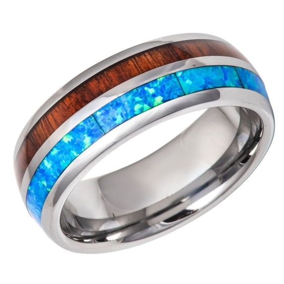 Men's Women's Tungsten Wedding Band Engagement Ring 8mm Sinthetic Blue Opal & Wood Inlay Ring, SZ 8