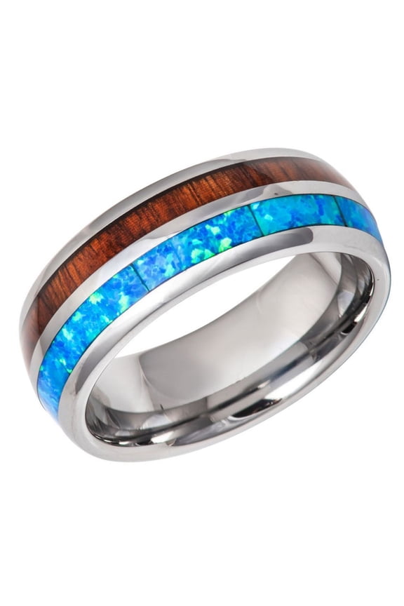 Men's Women's Tungsten Wedding Band Engagement Ring 8mm Sinthetic Blue Opal & Wood Inlay Ring, SZ 14