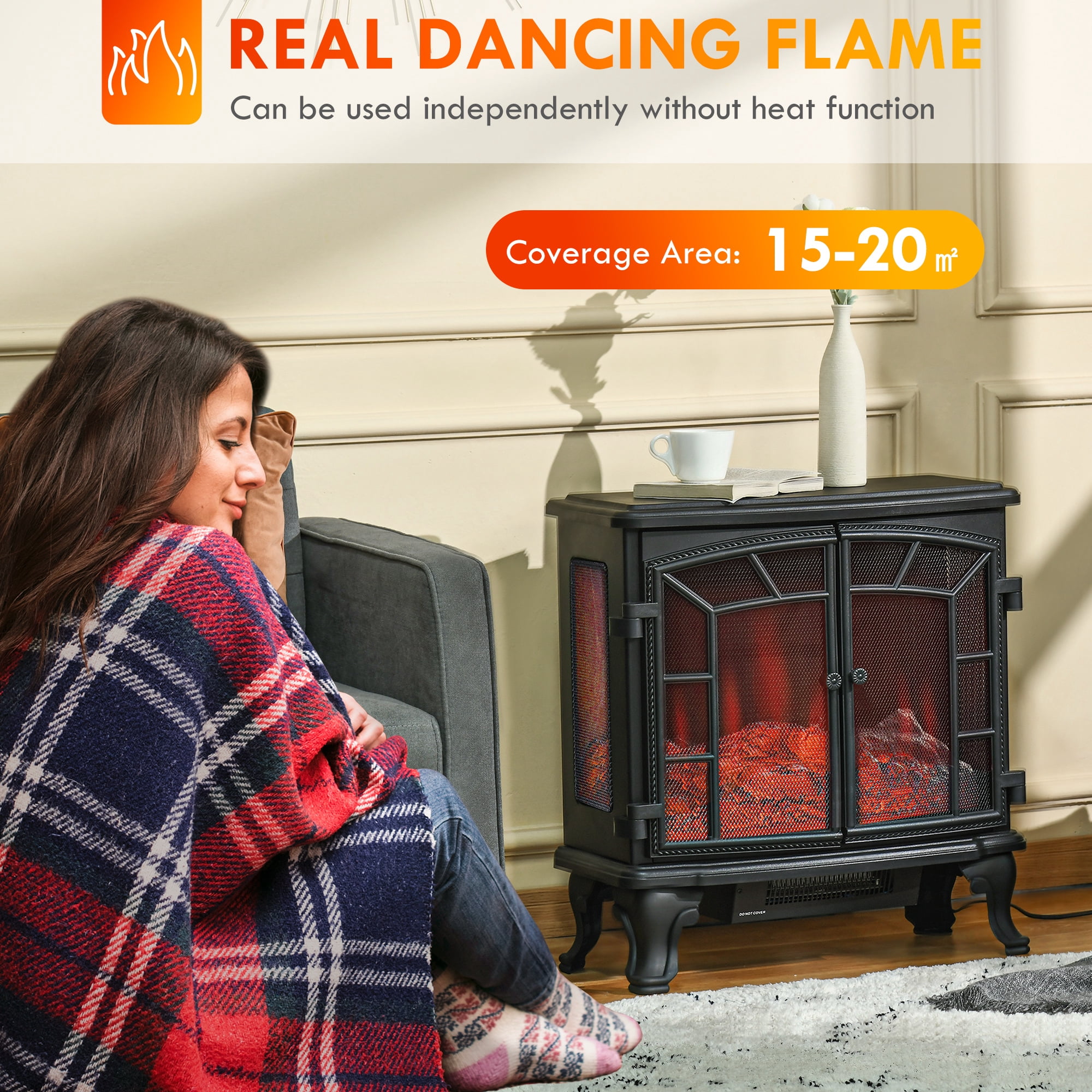 25" Electric Fireplace, Black ABS 750W/1500W 161-215 sq.ft UL/CUL Certified, Tempered Glass Adjustable Brightness Remote Control 8H Timer Overheat Protection