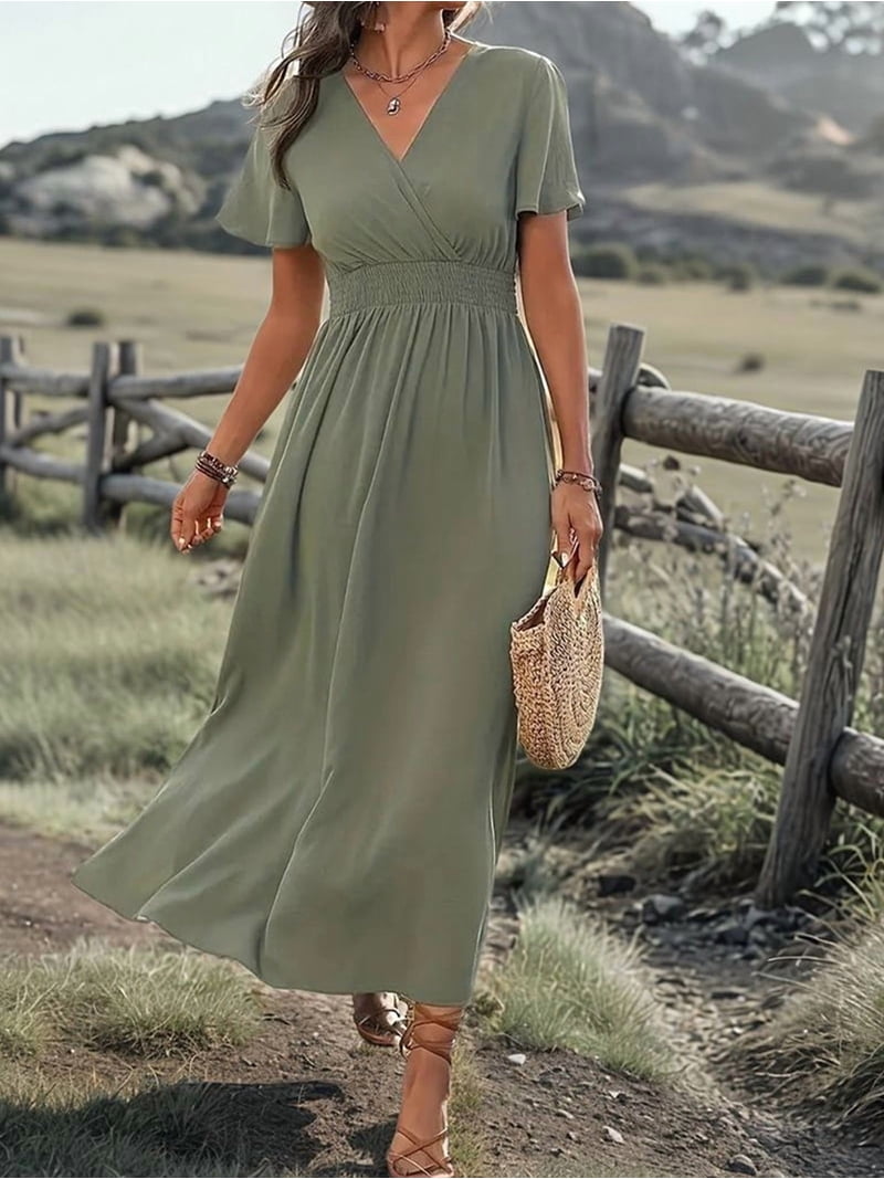 olive green maxi dress boho Women'S V Neck Casual Vacation Short Sleeve Summer Dress Beach Chic Day Gown Leopard Print M PV_NO