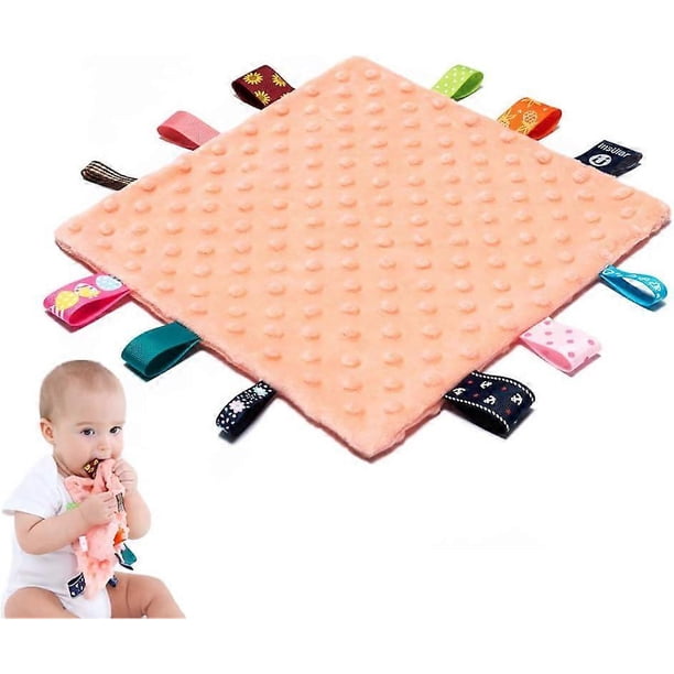 Baby Tags Security Blankets - Baby Soothing Plush Blanket With Colorful Tags, 10"X10" Square Sensory Toys-Orange