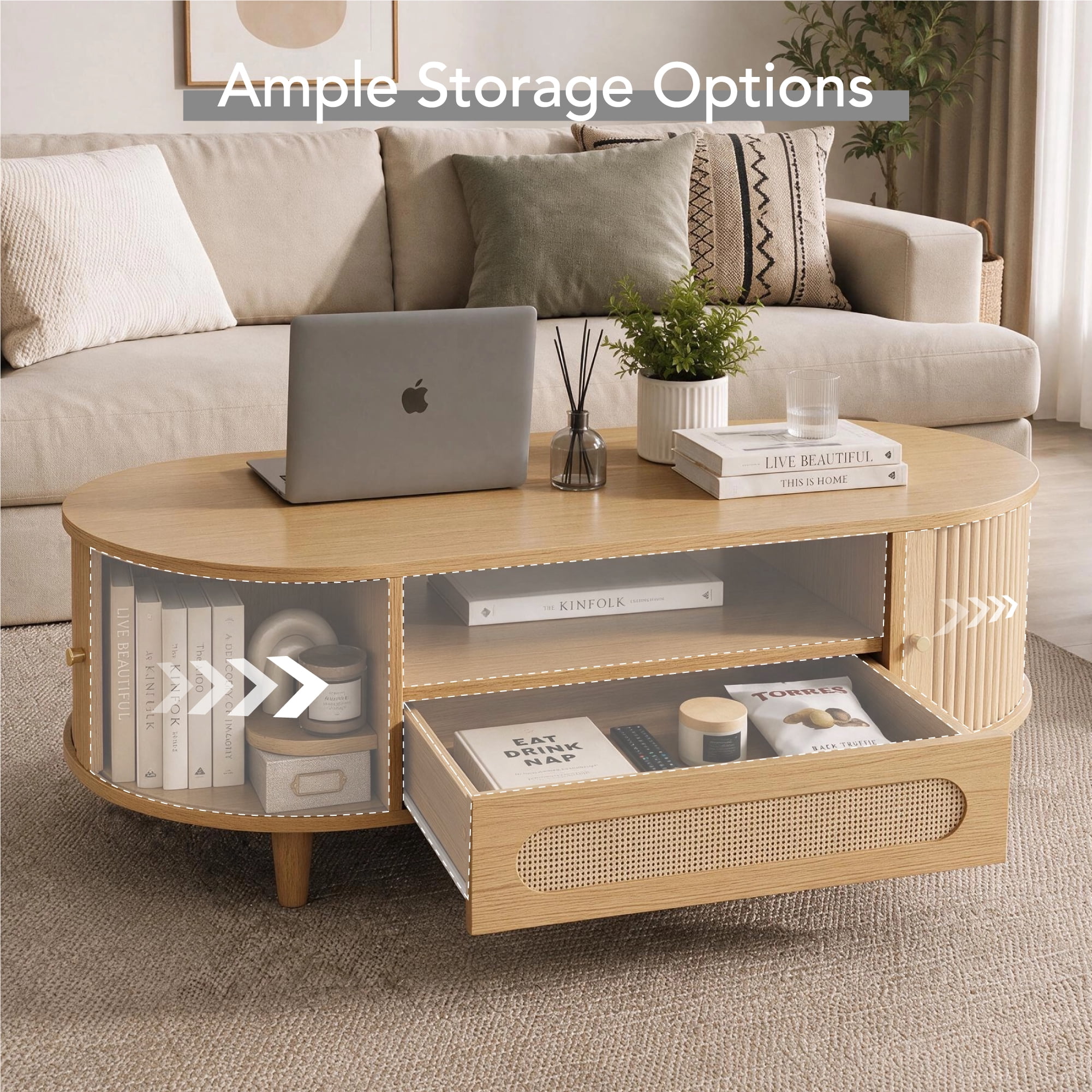Spruce & Spring 47.2" Mid-Century Modern Rattan Coffee Table with Sliding Doors and Open Storage, Oval Center Table with Rattan Drawer, Solid Wood Legs for Living Room, Oak