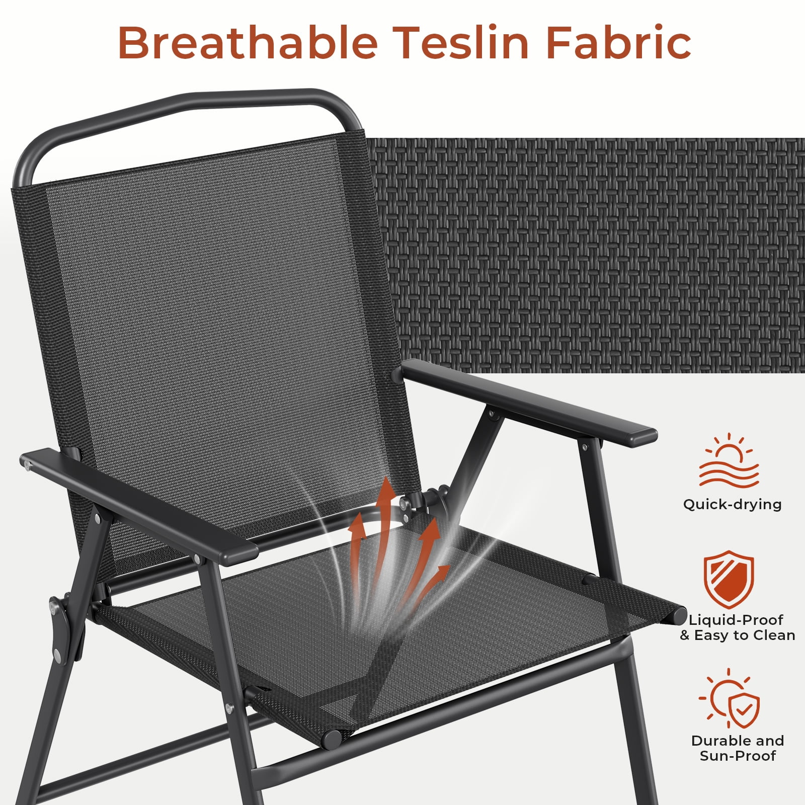 TLSUNNY 4 Pcs Patio Folding Chairs, Heavy-Duty Metal Frame W/ Armrests Portable Outdoor Foldable Chairs, Black