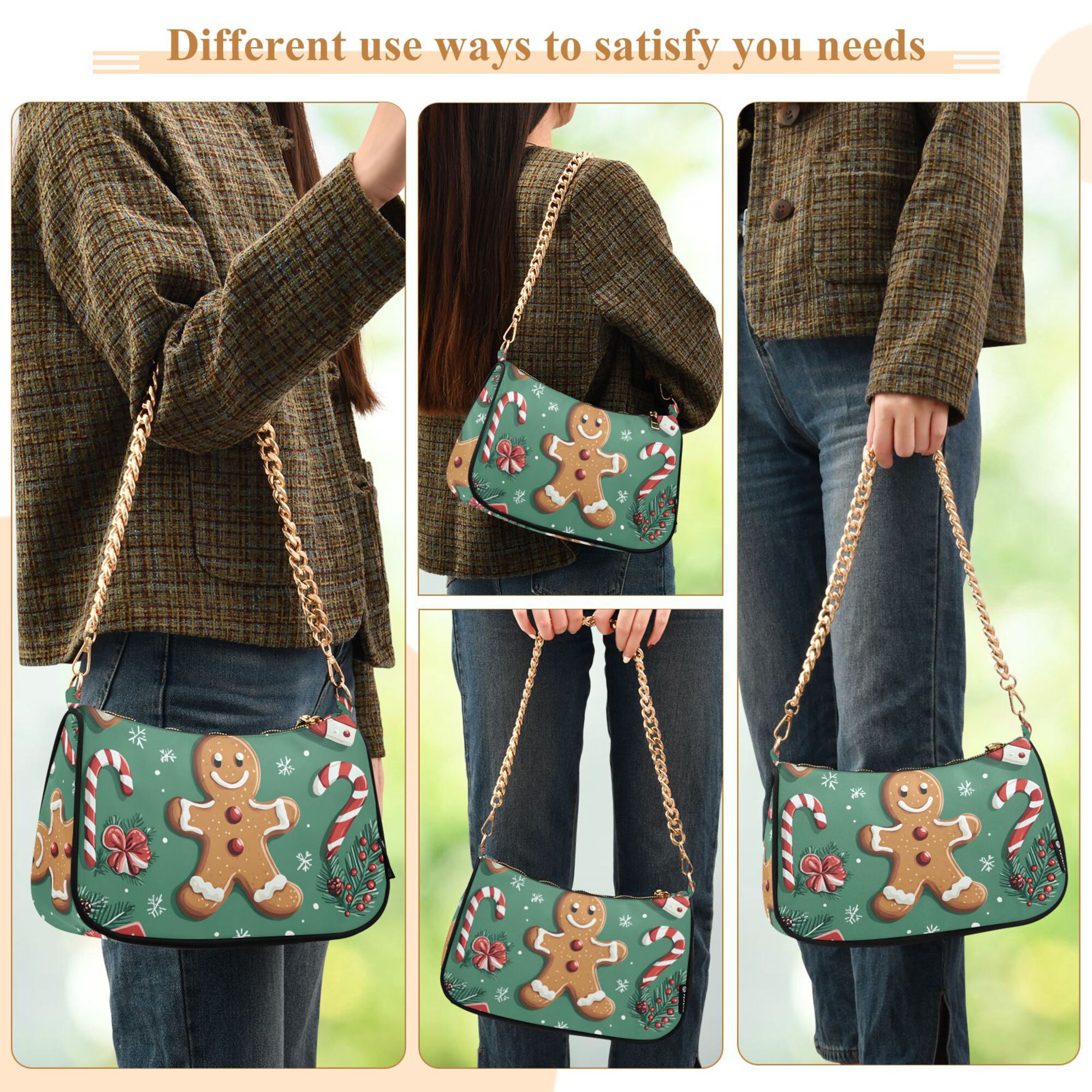 FORMRS Womens Shoulder Bag with Chain Strap Clutch Purse Cute Tote Handbag, Christmas Gingerbread