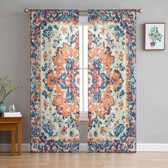 Boho Orange Blue Semi Sheer Curtains 84 Inch Length 2 Panels Set, Boho Vintage Geometric Art Ethnic Sheer Kitchen Curtain Privacy Voile Window Curtain for Living Room Bedroom Rod Pocket Drapes