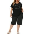 thumbnail image 2 of Ropa de descanso de tallas grandes para mujeres, conjunto de 2 piezas con camisetas de manga corta y pantalones tobilleros, sudaderas, conjuntos de pijama, negro 2X, 2 of 5
