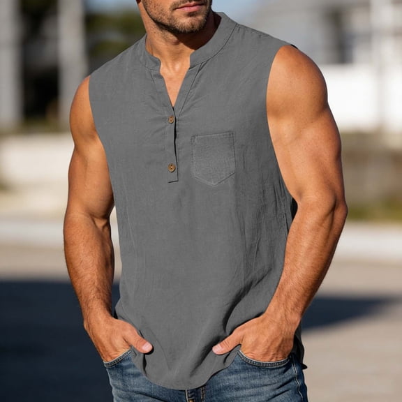 Horkkom Linen Shirts for Men V Neck Button Sleeveless Shirts Breathable Casual Tank Top with Pockets, S-2XL