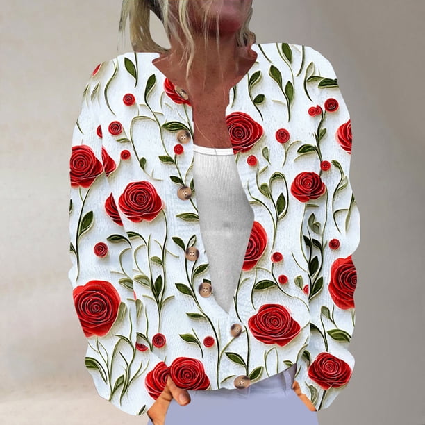Cárdigan holgado informal con estampado de manga larga y botones para mujer, chaqueta de punto, top de poliéster para mujer