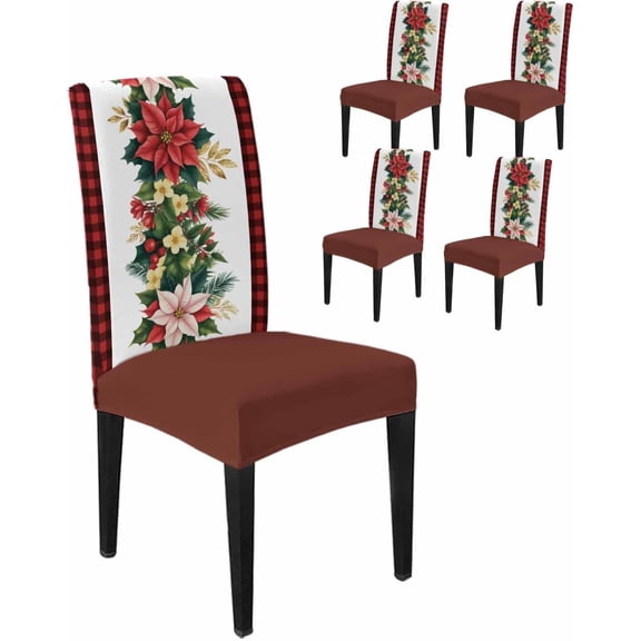 Chair Covers for Dining Room Set of 4,Winter Christmas Holly Leaf Stretch Seat Protector Removable Washable Chairs Slipcovers for Kitchen Banquet Wedding Hotel,Red Black Plaid