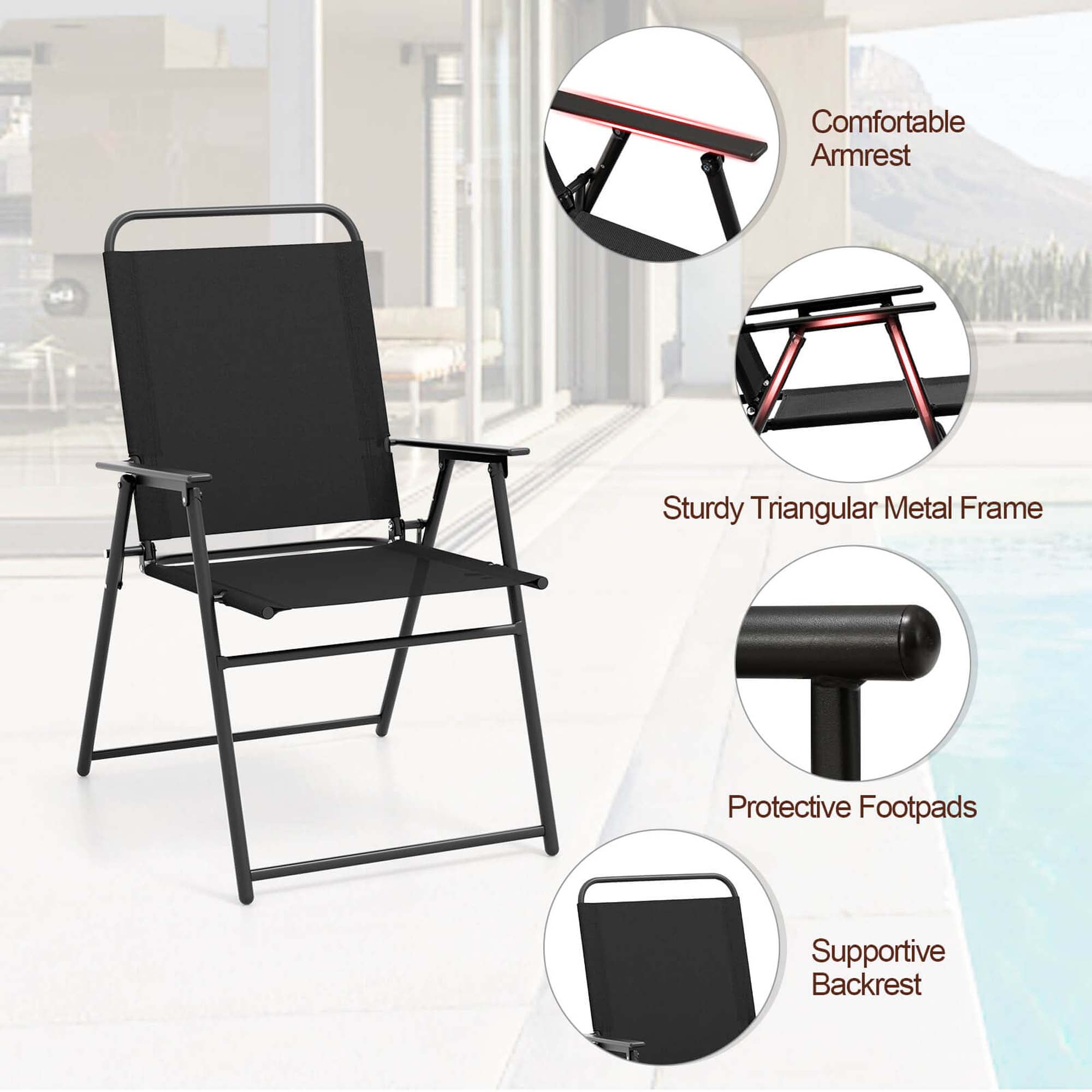 Costway 2pcs Patio Folding Sling Chairs Dining Armrest Backrest Outdoor Portable Black