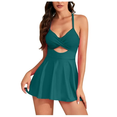 Penkiiy Women Plus Size Ruffle One Piece Skirt Swimsuit V Neck Cutout Swimdress Tummy Control Twist Front Bathing Suits XL Green