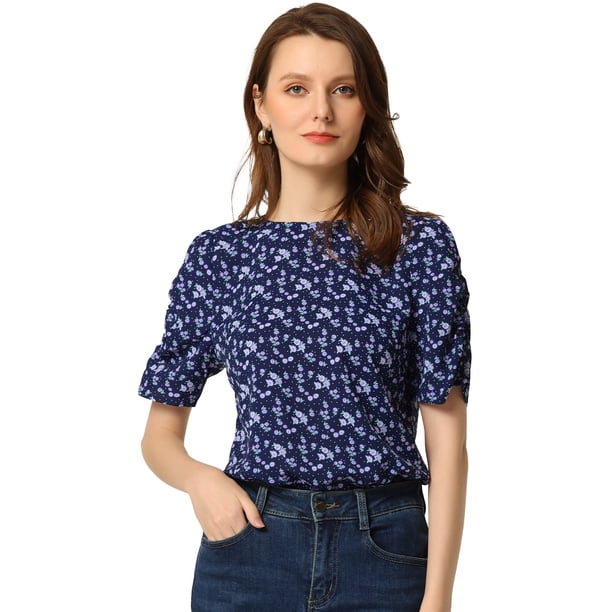 Top Floral Informal De ManCorFruncido PaMujer Azul Oscuro XL