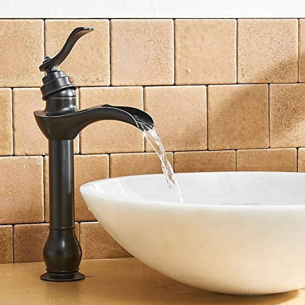 BWE Vessel Sink Faucet with Drain Assembly and Supply Hose Single-Handle Single Hole Bathroom Faucet Waterfall Lavatory Mixer Tap Oil Rubbed Bronze Tall Body
