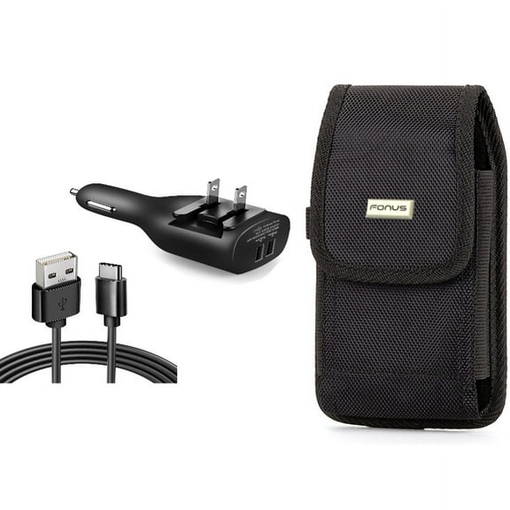 2-in-1 Car Home Charger & Case Belt Clip for iPhone 15 Pro Max - 6ft Long USB-C Cable TYPE-C Cord Travel Power Adapter Charging Wire and Rugged Holster Canvas Cover N2O for iPhone 15 Pro Max (6.7")