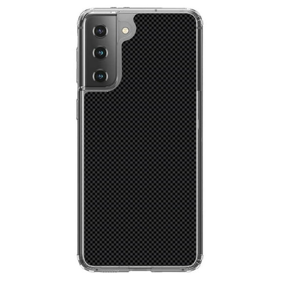 DistinctInk Clear Shockproof Hybrid Case for Galaxy S21  PLUS 5G (6.7" Screen) - TPU Bumper, Acrylic Back, Tempered Glass Screen Protector - Black Grey Carbon Fiber Printed Design