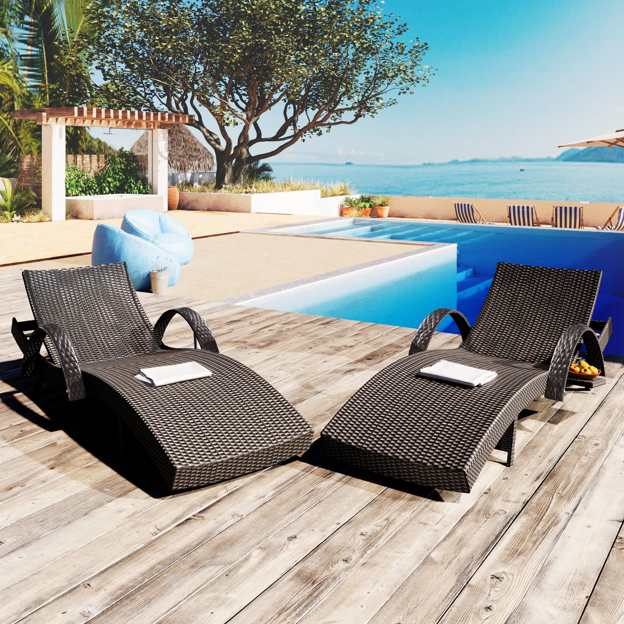 2 Pack Outdoor Wicker Reclining Lounge Chair, 5 Position Adjustable Backrest Pool Side Patio Lounger with Pull Out Side Table, Dark Brown