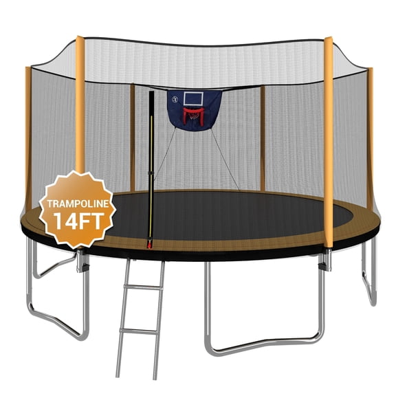 14FT Outdoor Trampoline for Kids Adults with Basketball Hoop, Ladder, Safety Enclosure ASTM-Certified, Orange