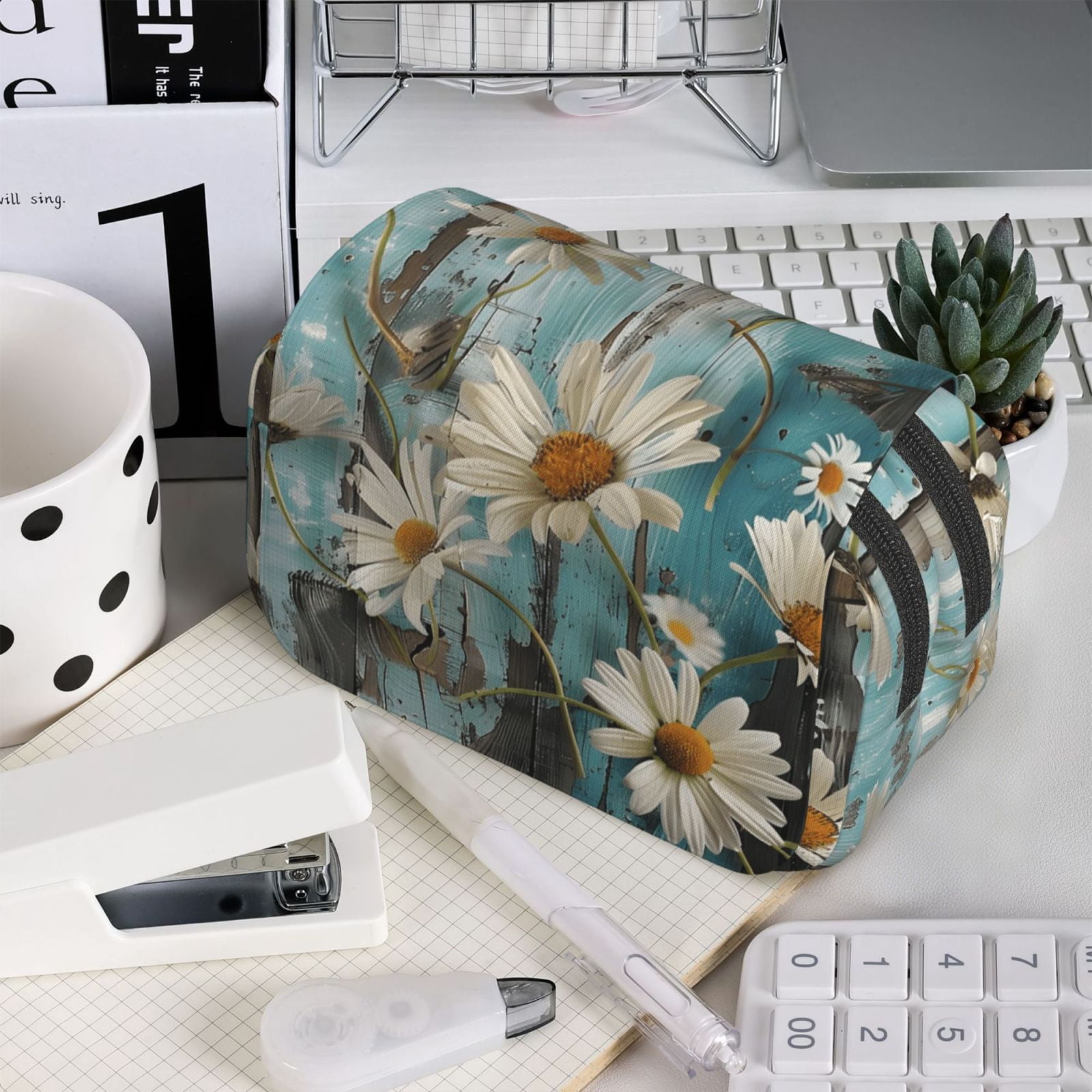Large-Capacity Flip-Top Double-Layer Pencil Case, Multi-Functional Pocket Pen Case, Durable Stationery Organizer Turquoise Wood Farmhouse Sunflowers (12)