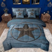 Manfei 3D Texas Stars 7pcs Bedding Comforter Set,Rustic Western Farmhouse Queen Bedding Sets,Brown Blue Queen Sheet Sets For Boys,Microfiber Bedroom Decor Reversible
