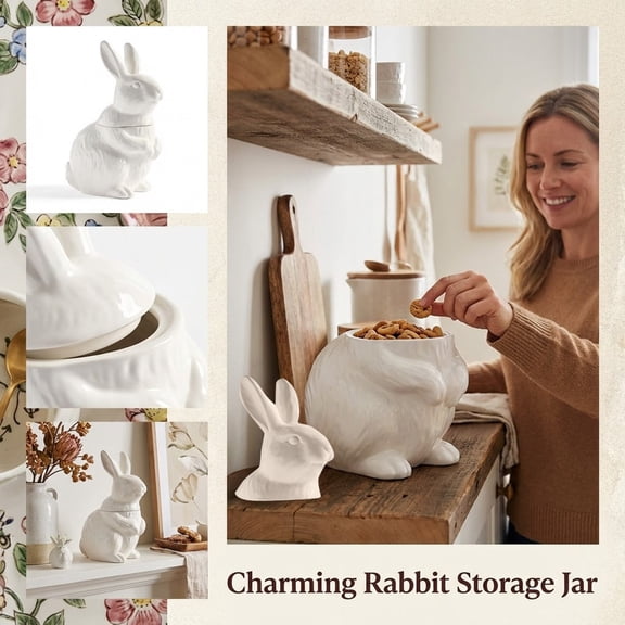 Floral Bunny Stoneware Cookie Jar – Adorable White Rabbit-Shaped Canister, Perfect for Storing Cookies, Snacks & Treats, Charming Farmhouse Kitchen Decor & Easter Accent