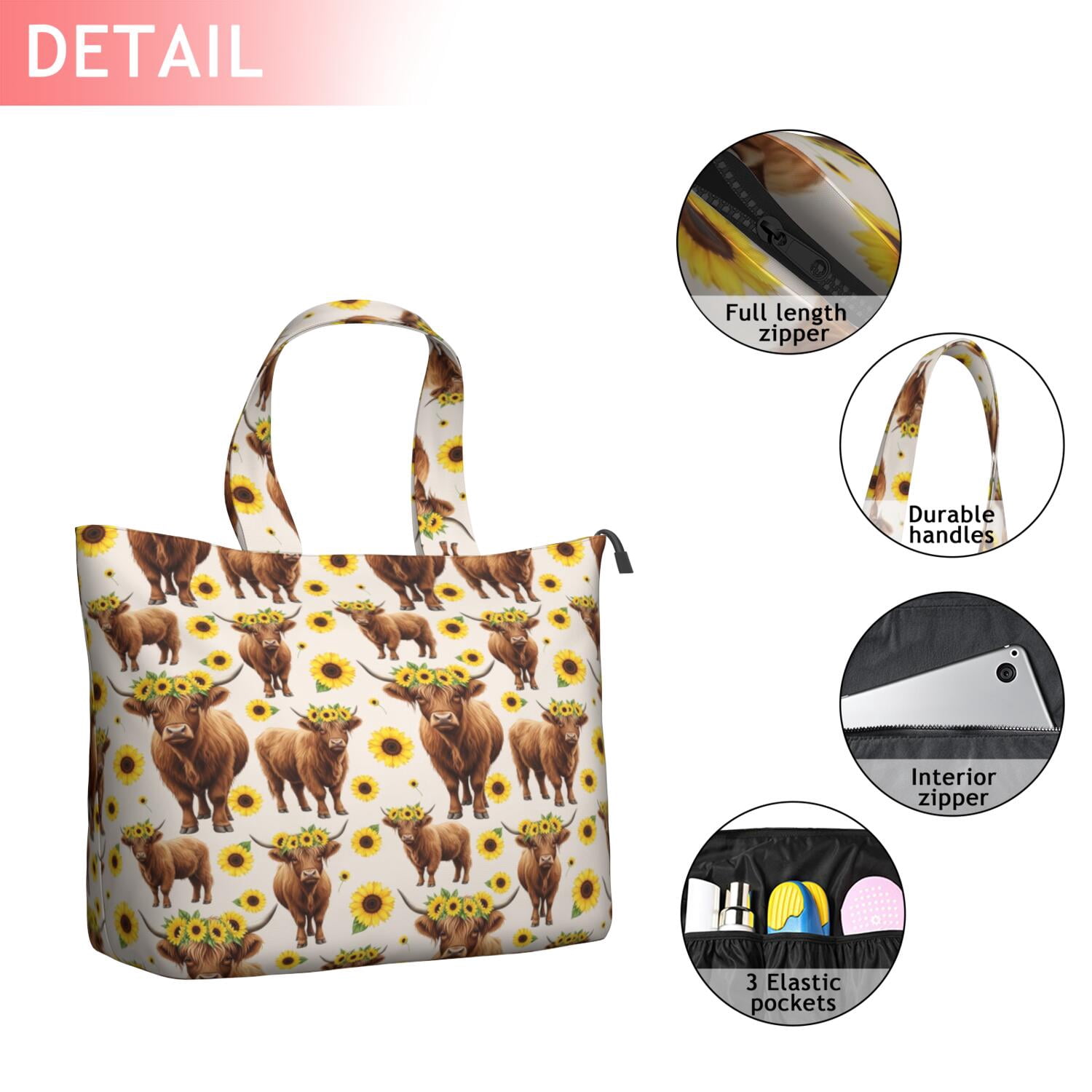 Beige Highland Cow Sunflower Pattern Travel Tote Bags for Women Carry On,Large Weekender Bags for Women Travel,Multi Functional Duffle Bag for Work,Shopping,Sports