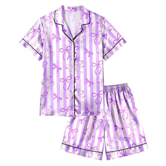 Girls Pajamas Silk PJS Set Bow Satin Sleepwear Short Sleeve Jammies for Kids Button-Down Nightwear size 7-8 10-12