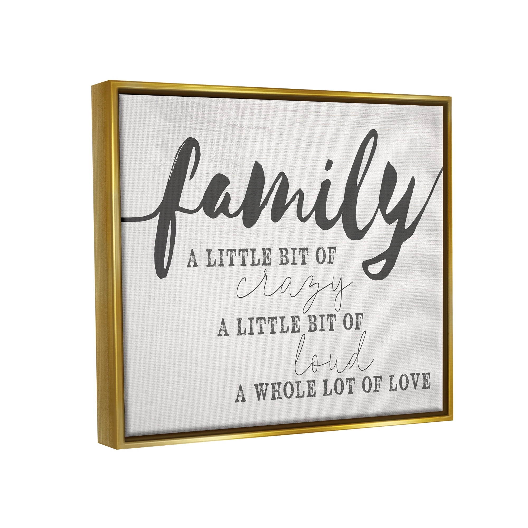Stupell Industries Family Crazy Loud Love Inspirational Word Design Metallic Gold Framed Floating Canvas Wall Art, 24x30, by Daphne Polselli