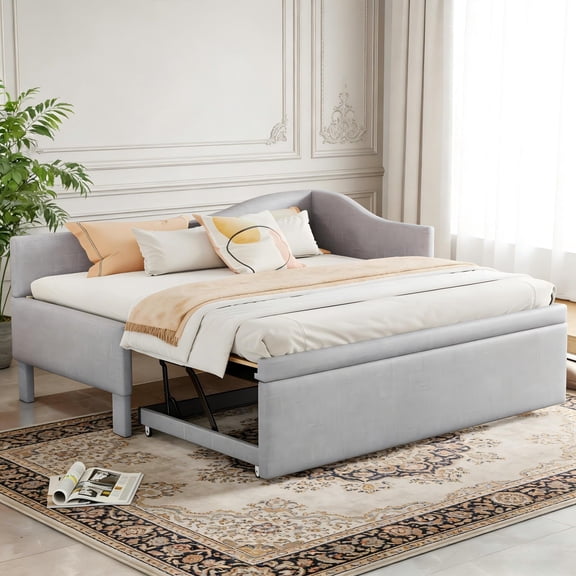 Aukfa Twin Daybed with Pop-Up Trundle, Linen Upholstered Twin-to-King Bed Frame, Space-Saving Guest Bed for Living Room, Bedroom, Kids Room, Gray