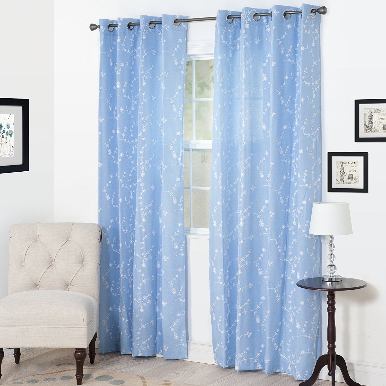 Semi Sheer Grommet Style Curtains Floral Embroidered Pattern Window