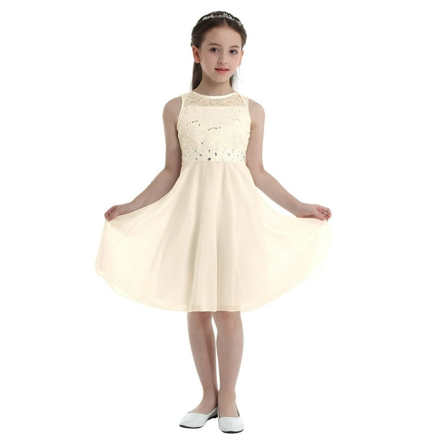 YONGHS Big Girls Flower Lace Chiffon Dress Formal Banquet Porm Pageant Wedding Party Ball Gown Beige 12