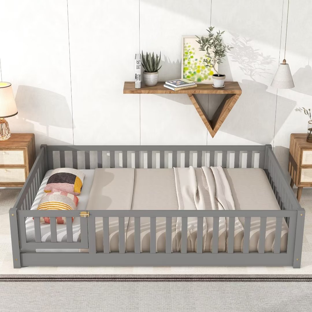 Full Size Floor Platform Bed with Fence and Small Door, Wooden Bed Frame with Wood Slat Support, Mattress Base, Safety Bed Frame for Boys Girls Bedroom, No Box Spring Needed, Easy Assembly, Grey