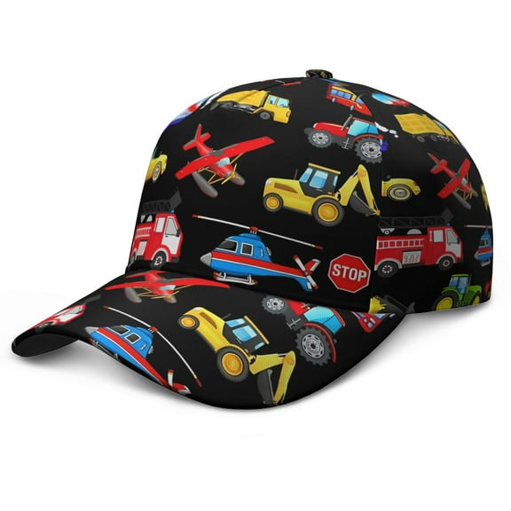 Construction Baseball Cap – Adjustable Dad Hat with Cartoon Car and Truck Print, Comfortable Snapback, Great for Work and Play