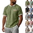 thumbnail image 2 of Cotton Linen Shirts for Men Short Sleeve Collarless Button Henley Shirt Casual Beach Oversized T-Shirts with Pockets,Army Green,S, 2 of 8