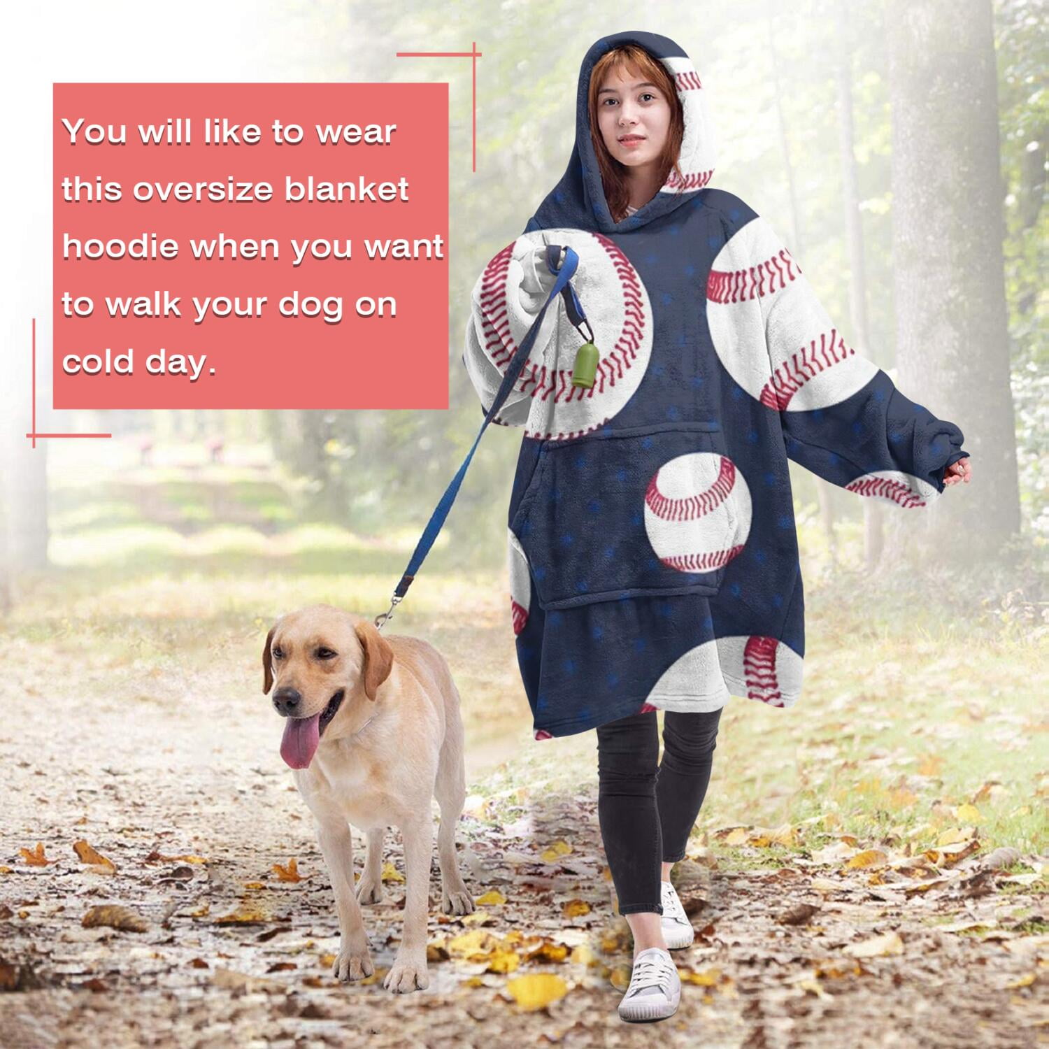 Navy Blue Baseballs Pattern Wearable Oversized Blanket,Wearable Blanket Hoodie for Adults,Cozy Hooded Blankets with Super Pockets,Super Warm Fuzzy Pullover for Women & Men