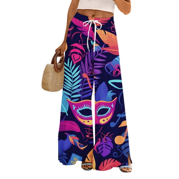 LWavelet Comfort Fabric Feather Coin Print Wide Leg Pants Women Mardi Gras Festive Wear Dark Purple XXL