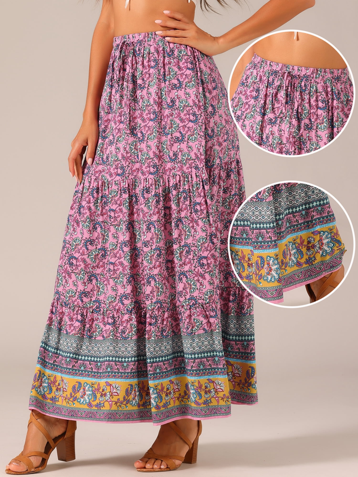 DARING DIVA Women's Boho Flare Floral Skirt XL Pink