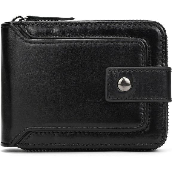 Genuine Leather Zipper Wallet for Men, RFID Blocking Mens Wallet with Zipper Coin Pocket ID Window Zipper Wallets Large Capacity