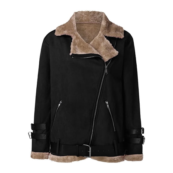 Sokhug Women Winter Thicked Sherpa Lined Coat Outwear Lapel Faux Suede Leather Biker Motor Jacket Overcoat, Black